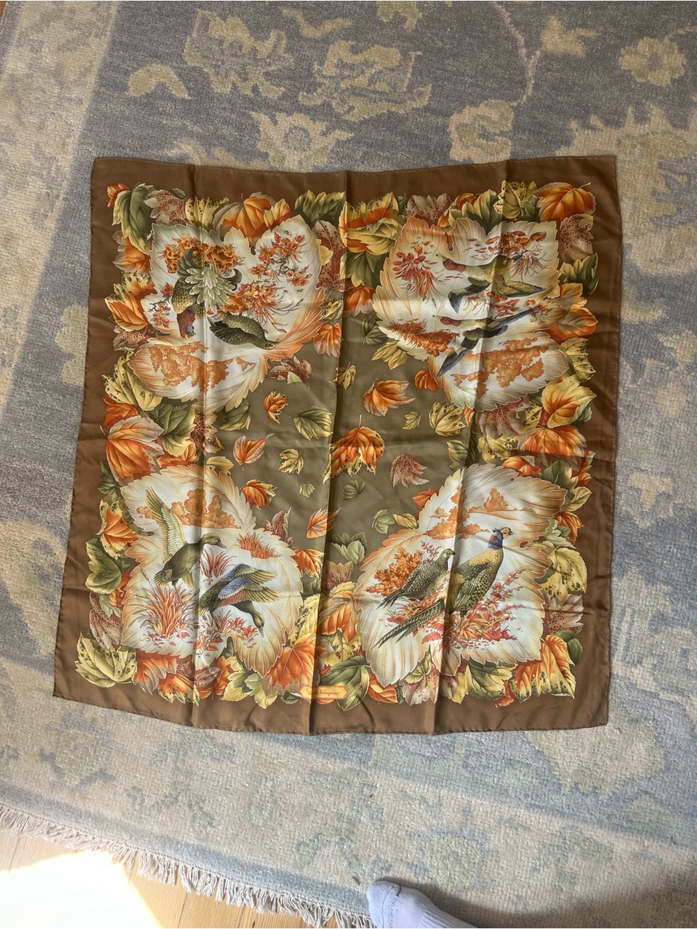 Salvatore Ferragamo Brown Scarf with Orange, Cream and Green Floral Pheasants